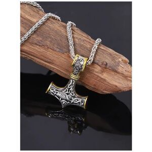 Viking Jewelry Thors Hammer Norse-Inspired Dual-Tone Pendant Braided Wheat Chain